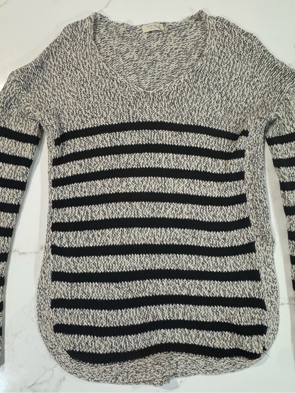 Harper Black and Cream Striped Swoop Neck Sweater